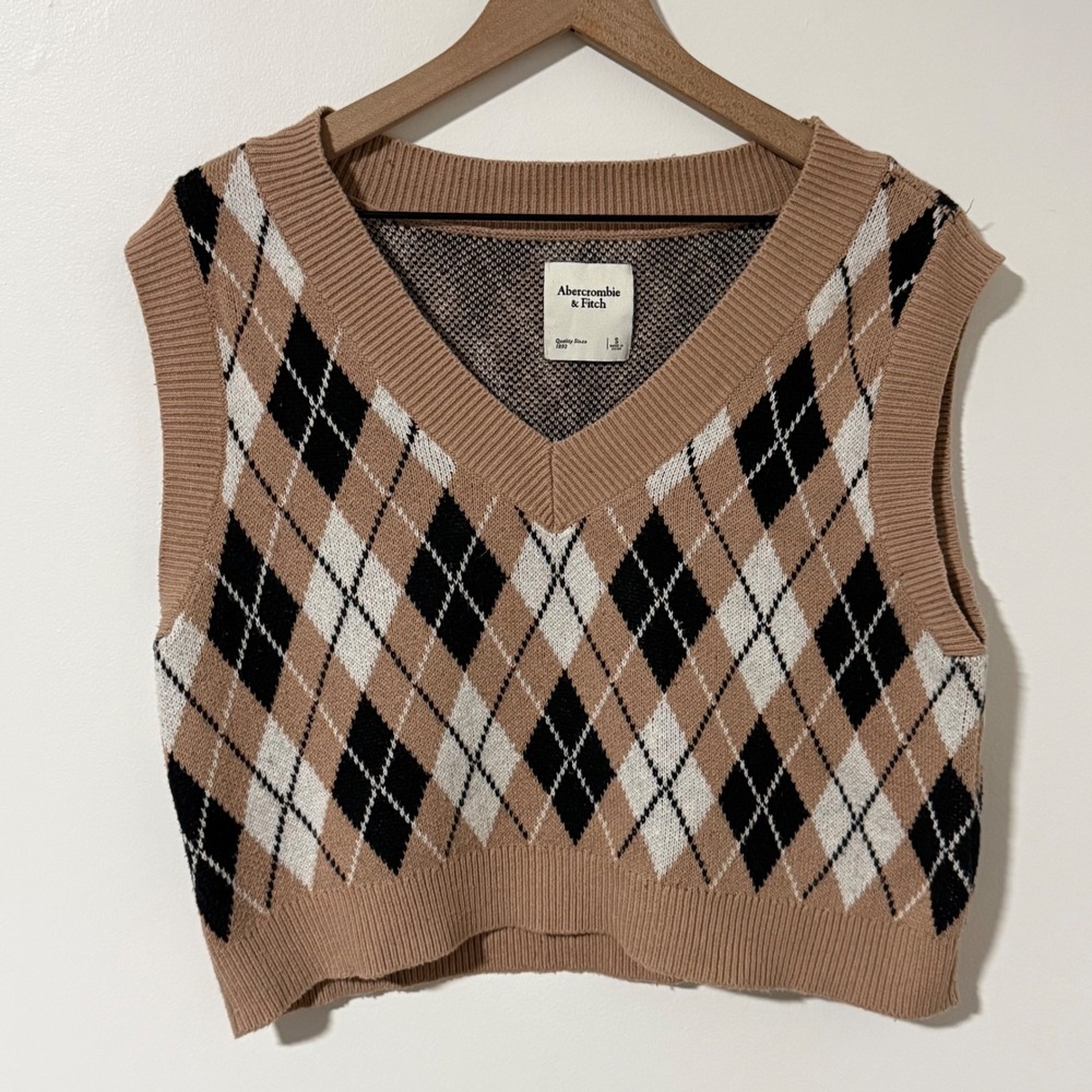 Abercrombie Fitch Sweater Vest Women S Brown Argyle Layering Preppy Y2K Academia